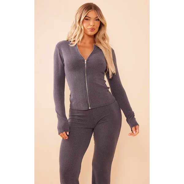 Charcoal Two Tone Rib Longline Zip Up Top