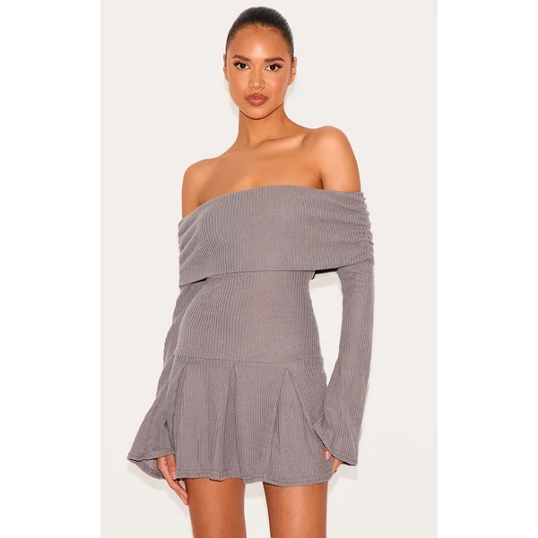 Charcoal Waffle Textured Bardot Pleated Shift Dress