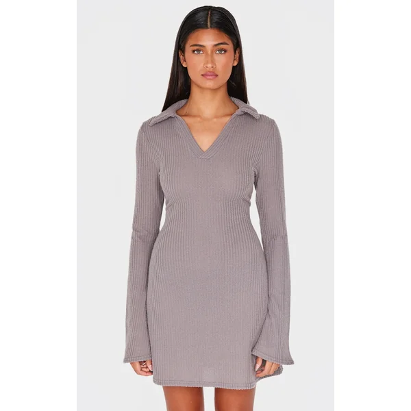 Charcoal Waffle Textured Long Sleeve Shift Dress
