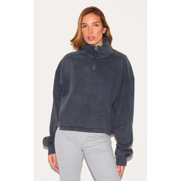 Charcoal Washed Boxy Quarter Zip Sweatshirt