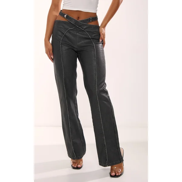 Charcoal Washed Faux Leather Cut Out Belt Pintuck Pants
