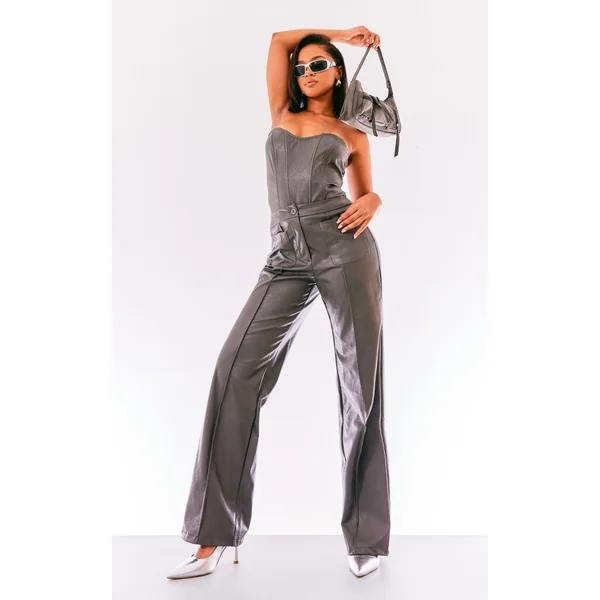 Charcoal Washed Faux Leather Front Pocket Wide Leg Pants