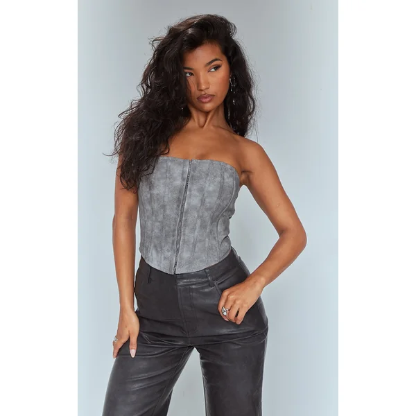 Charcoal Washed Faux Leather Hook And Eye Structured Corset