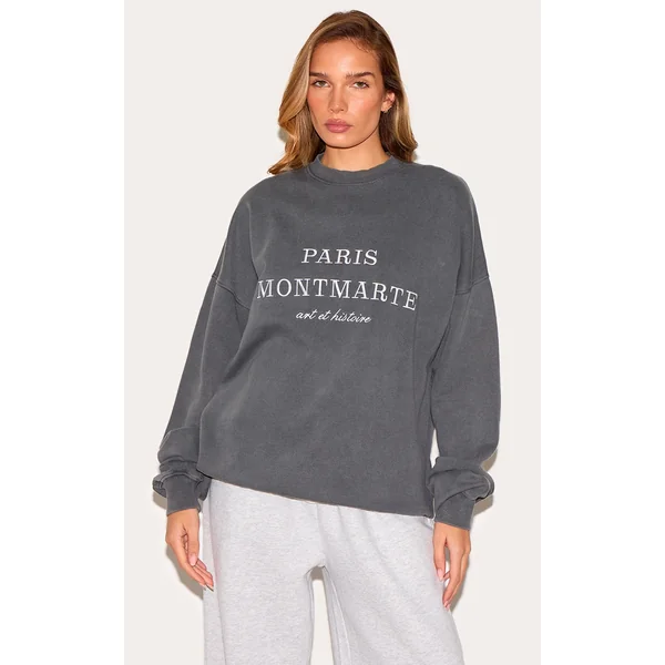 Charcoal Washed Paris Montmarte Print Oversized Sweatshirt