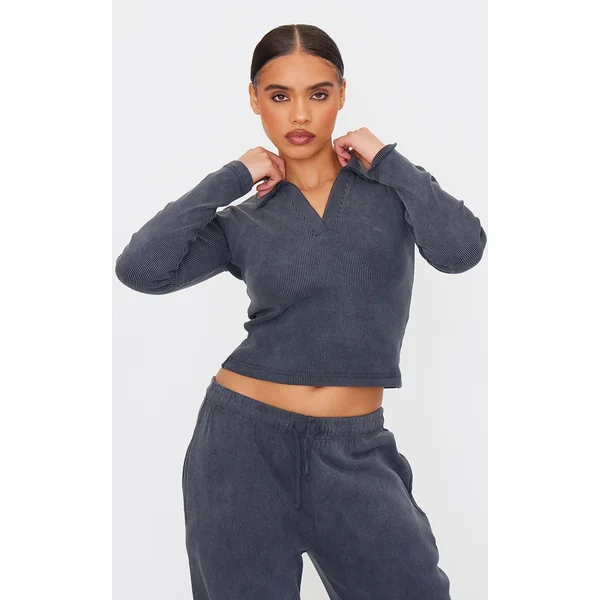 Charcoal Washed Ribbed V Neck Fitted Long Sleeve Top