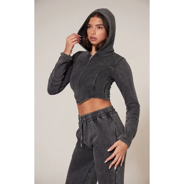 Charcoal Washed Seam Detail Zip Up Corset Hoodie
