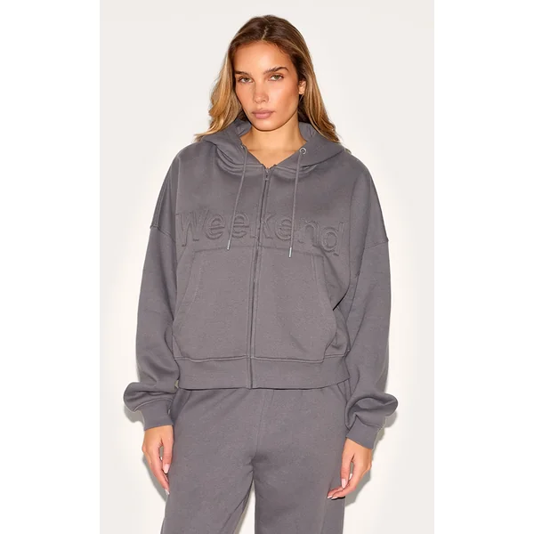 Charcoal Washed Weekend Applique Zip Up Hoodie