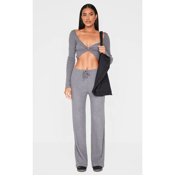 Charcoal Wide Leg Brushed Rib Drawstring Pants