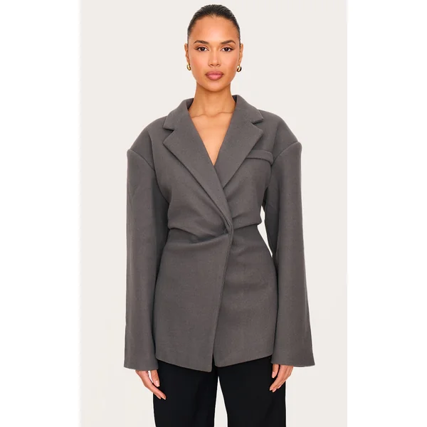 Charcoal Wool Look Cinched Blazer