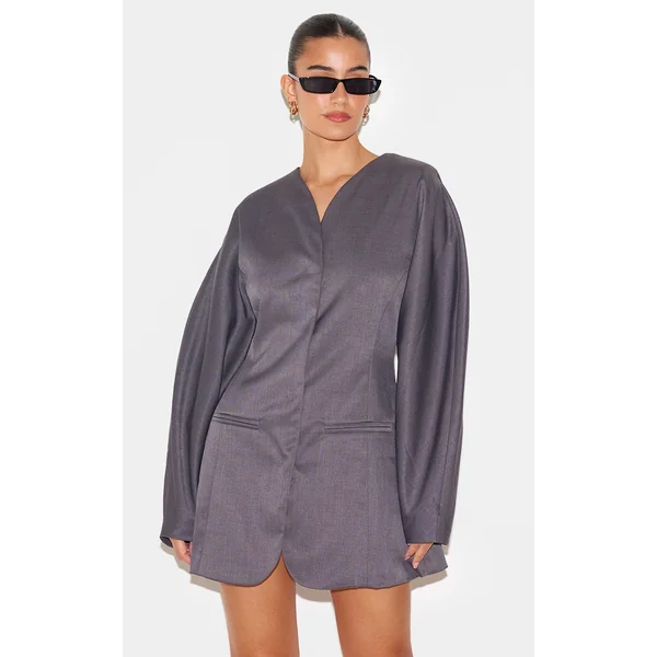 Charcoal Woven Balloon Sleeve Collarless Blazer Dress