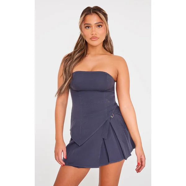 Charcoal Woven Bandeau Seam Detail Asymmetric Hem Top