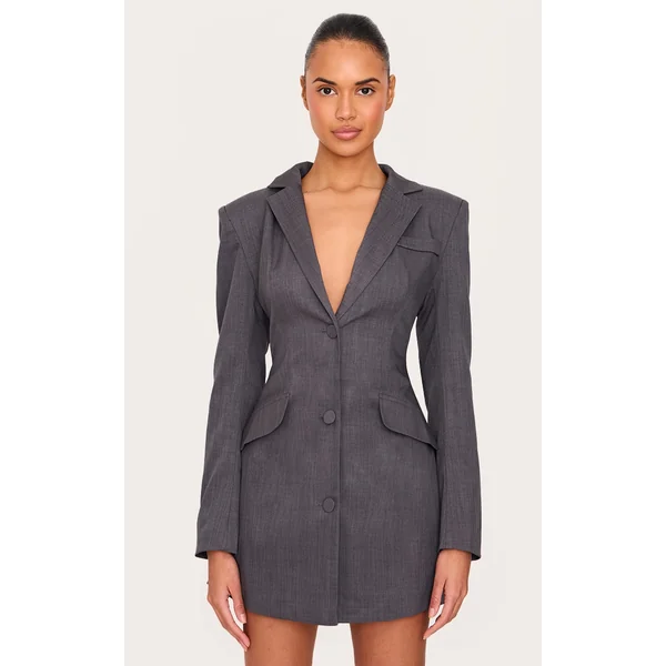 Charcoal Woven Cinched Waist Blazer Dress
