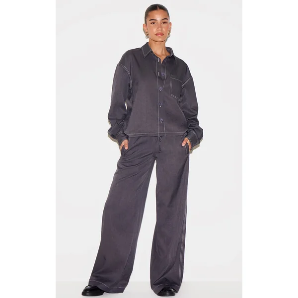 Charcoal Woven Contrast Stitch Wide Leg Pants