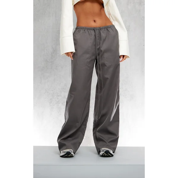 Charcoal Woven Drawstring Waist Low Rise Relaxed Pants
