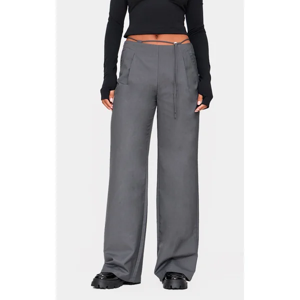 Charcoal Woven Low Rise Thin Belt Detail Straight Leg Pants