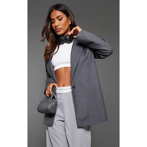 Charcoal Woven Oversized Drapey Button Detail Blazer