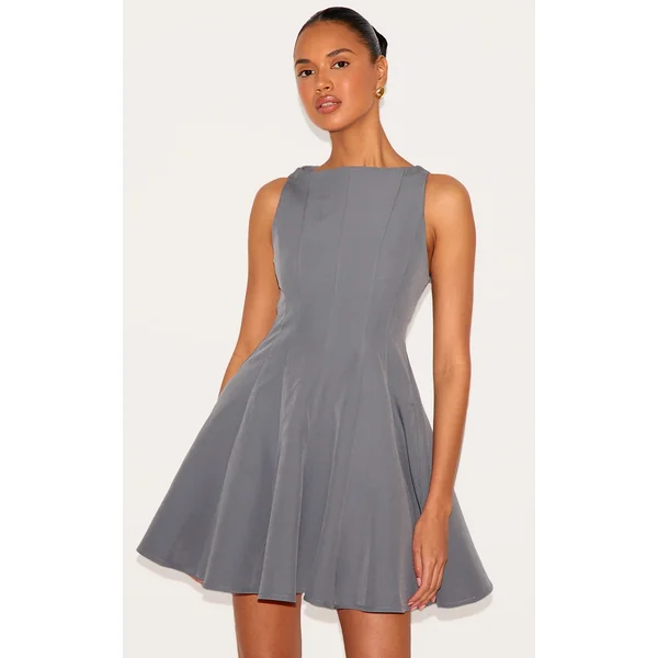 Charcoal Woven Pleated Shift Dress