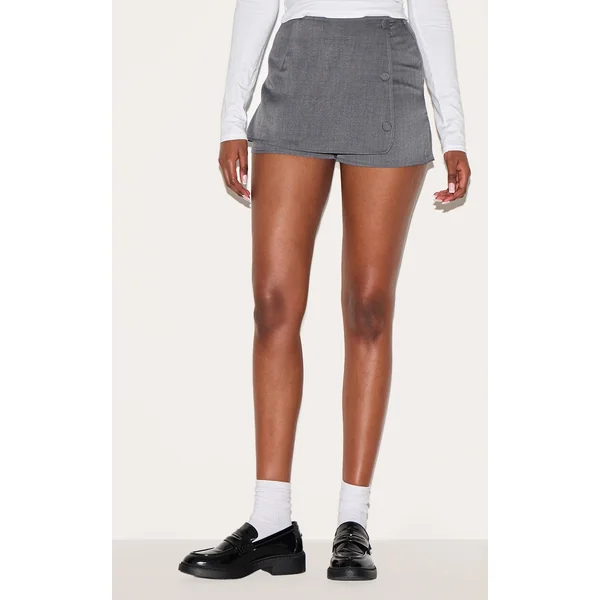 Charcoal Woven Tailored Wrap Front Skort