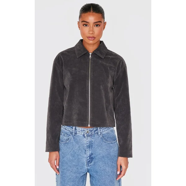 Charcoal Zip Up Faux Suede Jacket