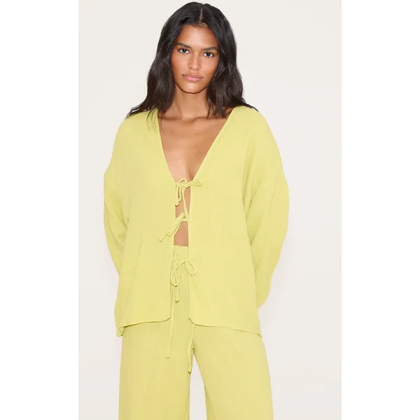 Chartreuse Cheesecloth Textured Tie Front Shirt