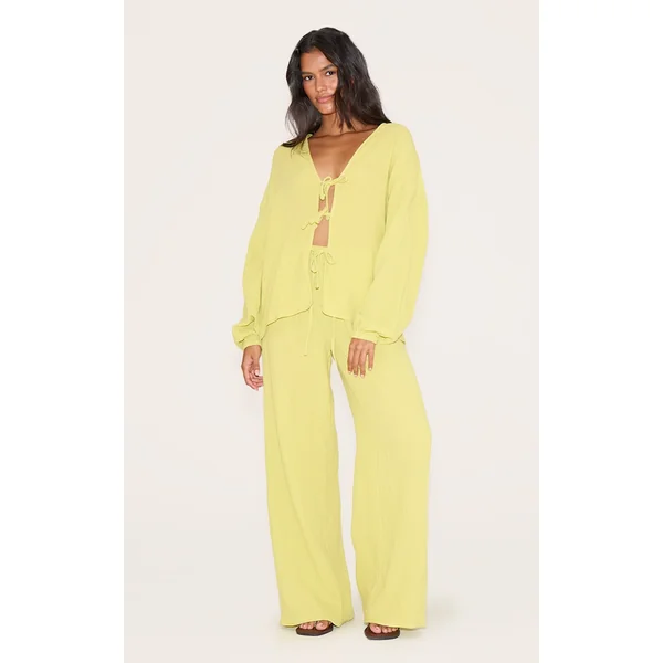 Chartreuse Cheesecloth Textured Wide Leg Pant