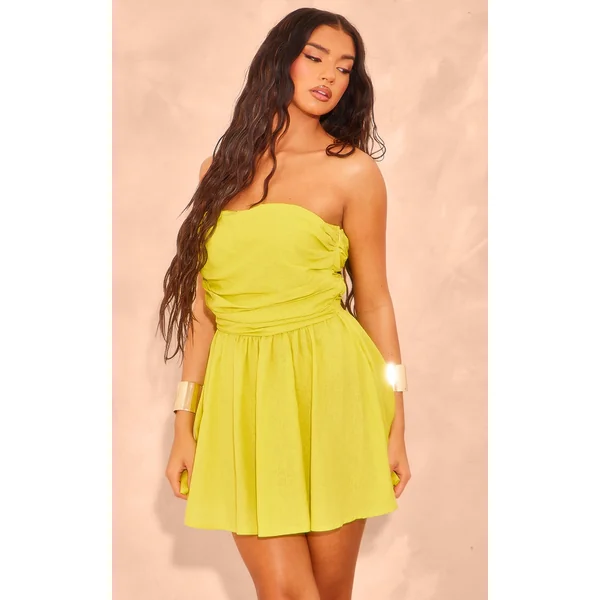 Chartreuse Linen Look Pleated Shift Dress