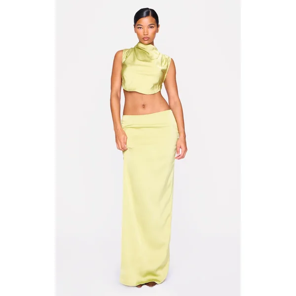 Chartreuse Satin Mid Rise Maxi Skirt