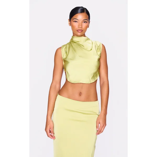 Chartreuse Satin Tie Back High Neck Cowl Crop Top