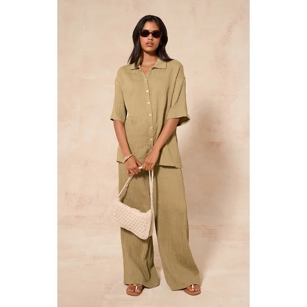 Chartreuse Textured Woven Drawstring Wide Leg Pant