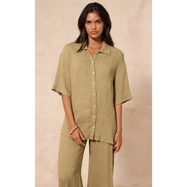 Chartreuse Textured Woven Oversized Short Sleeve Shirt