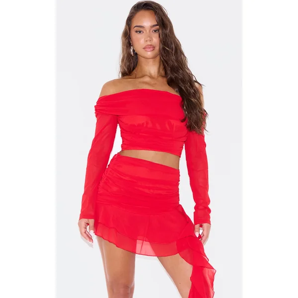 Cherry Red Chiffon Off The Shoulder Long Sleeve Crop Top