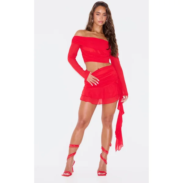 Cherry Red Chiffon Ruffled Draped Detail Mini Skirt