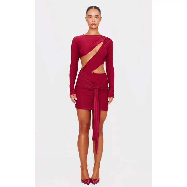 Cherry Red Cut Out Bust Panel Long Sleeve Drape Bodycon Dress