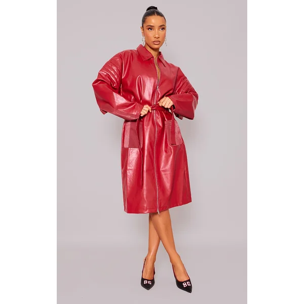 Cherry Red Faux Leather Contrast Panel Belted Coat