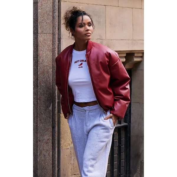 Cherry Red Faux Leather Oversized Bomber Jacket