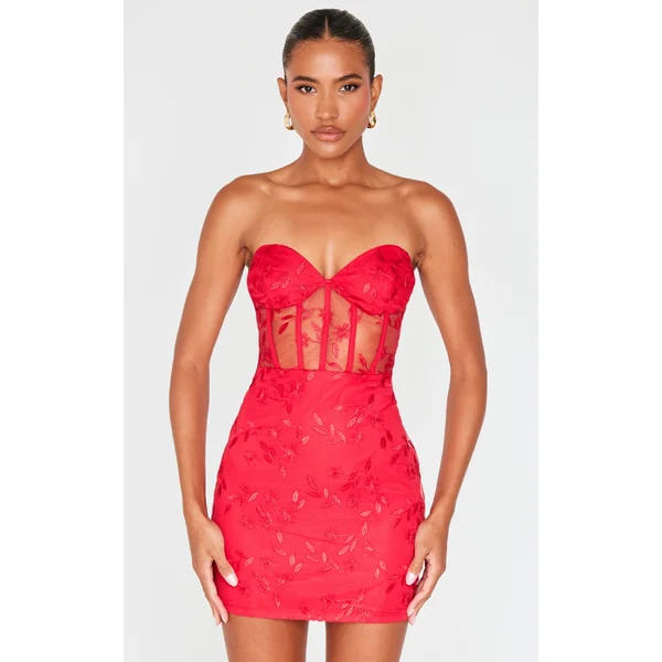 Cherry Red Floral Mesh Overlay Corset Mini Dress