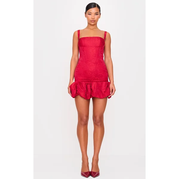 Cherry Red Jacquard Puff Ball Hem Mini Dress