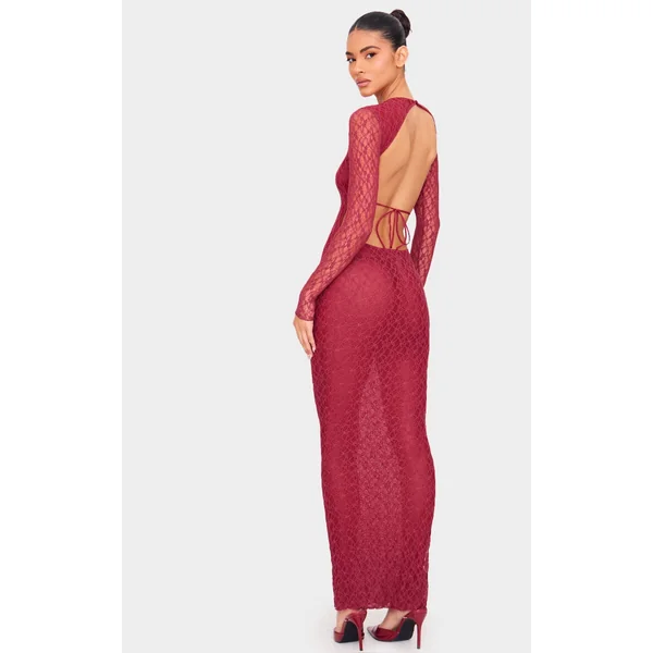 Cherry Red Lace Backless Long Sleeve Maxi Dress