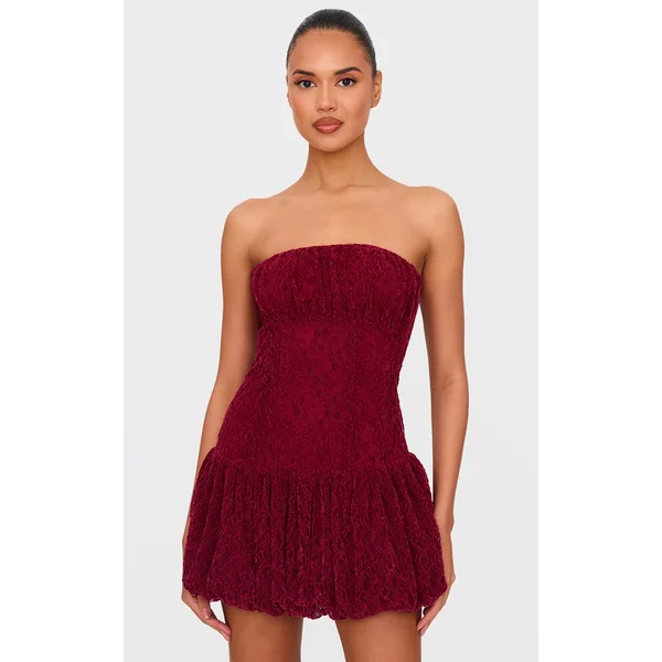 Cherry Red Lace Bandeau Ruched Mini Dress