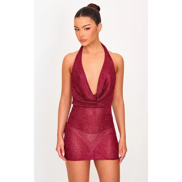 Cherry Red Metallic Ribbed Cowl Neck Mini Dress