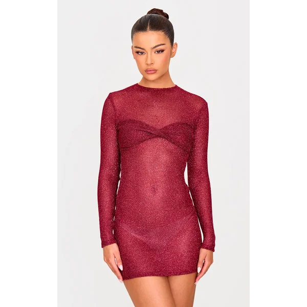 Cherry Red Metallic Ribbed Twist Bust Long Sleeve Mini Dress