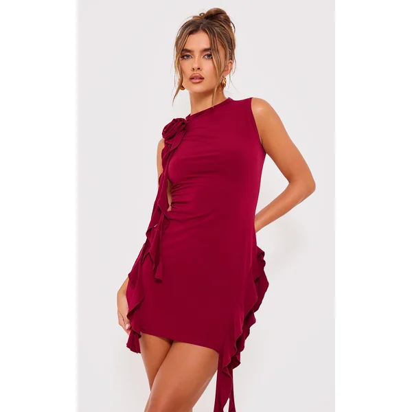 Cherry Red Rose Detail Ruffle Bodycon Dress