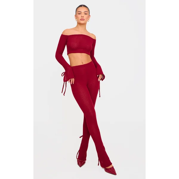 Cherry Red Sheer Soft Rib Split Hem Tie Detail Leggings