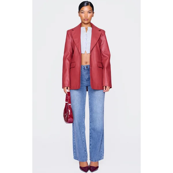 Cherry Red Textured Faux Leather Blazer