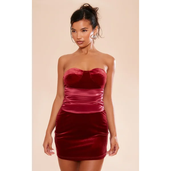 Cherry Red Velvet Satin Detail Bandeau Shift Dress