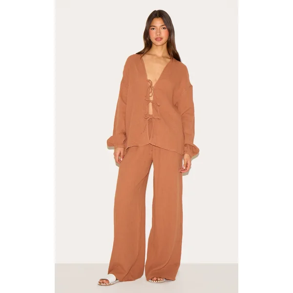 Chesnut Cheesecloth Textured Wide Leg Pant