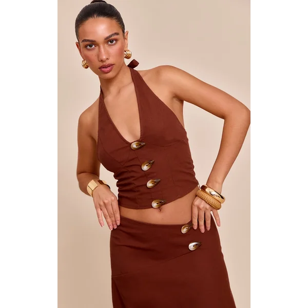 Chesnut Woven Halterneck Button Detail Top