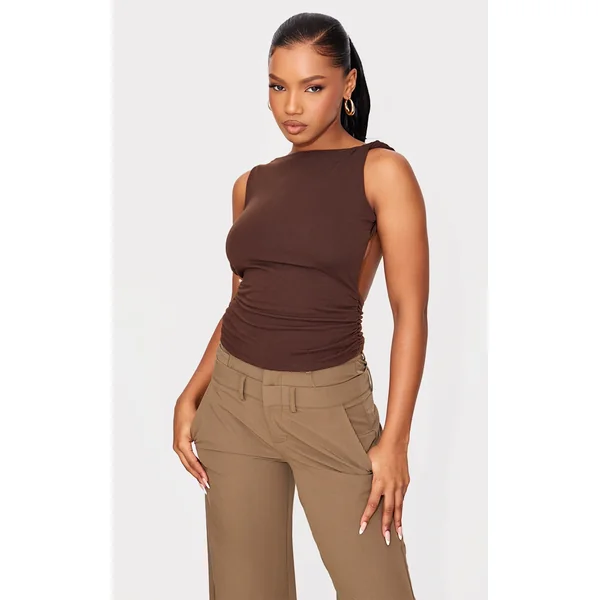 Chestnut Contour Jersey Twist Shoulder Backless Long Top