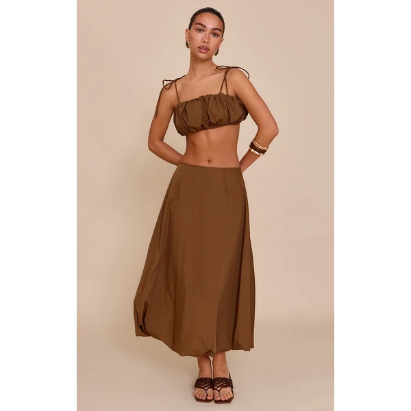 Chestnut Cotton Poplin Low Rise Maxi Puff Ball Skirt