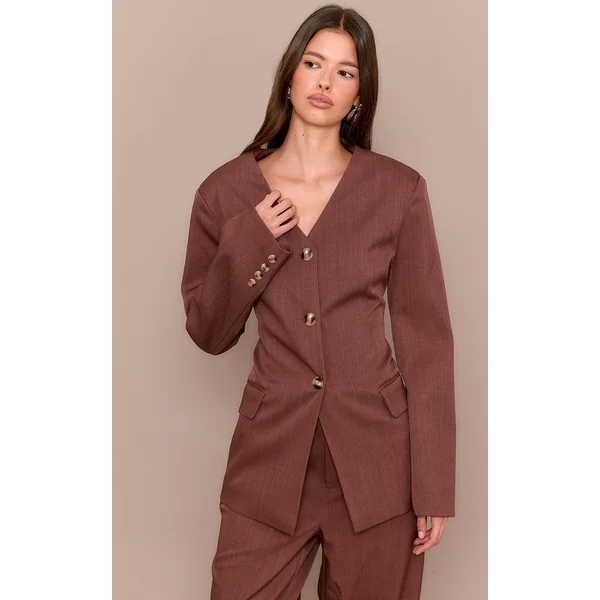 Chestnut Premium Tailored Collarless Button Up Fitted Blazer